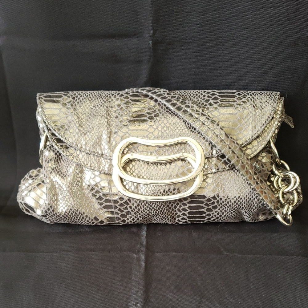 Metallic Grey Silver Snake-Embossed Handbag